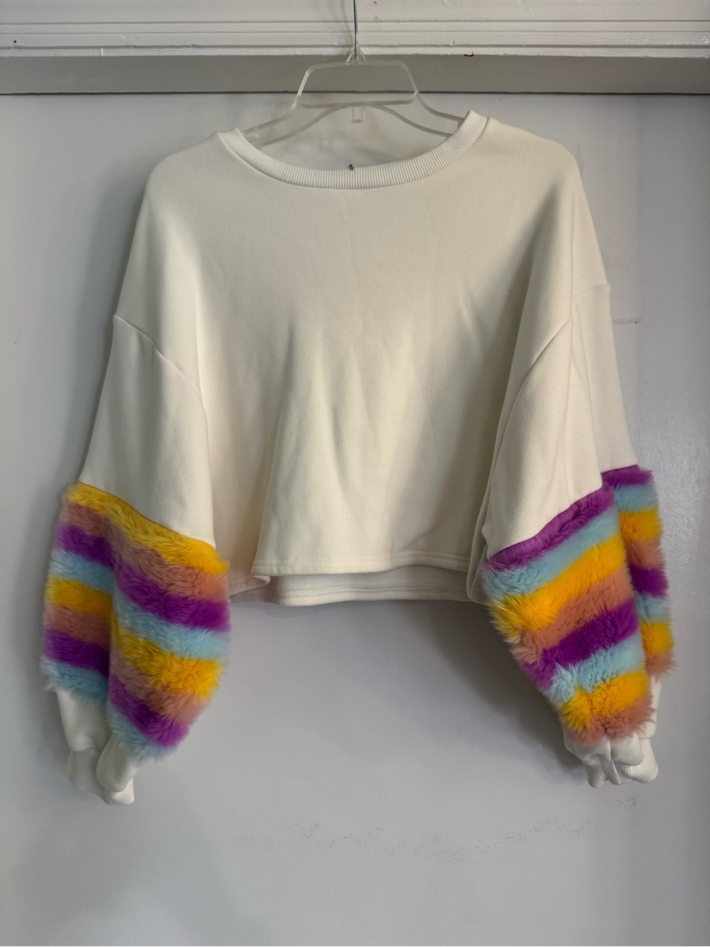 Colorful Faux Fur Sleeve Sweatshirt By Blue Blush Small Furry Fuzzie Rainbow